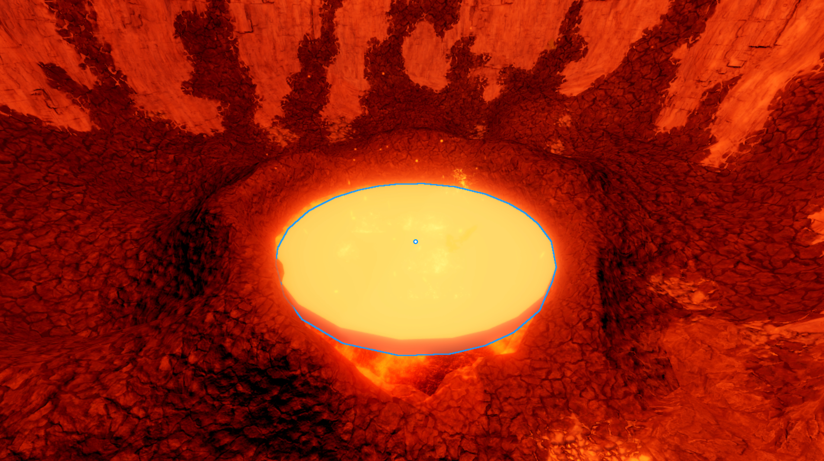 A close front view of the caldera with a cylinder part that's glowing yellow.