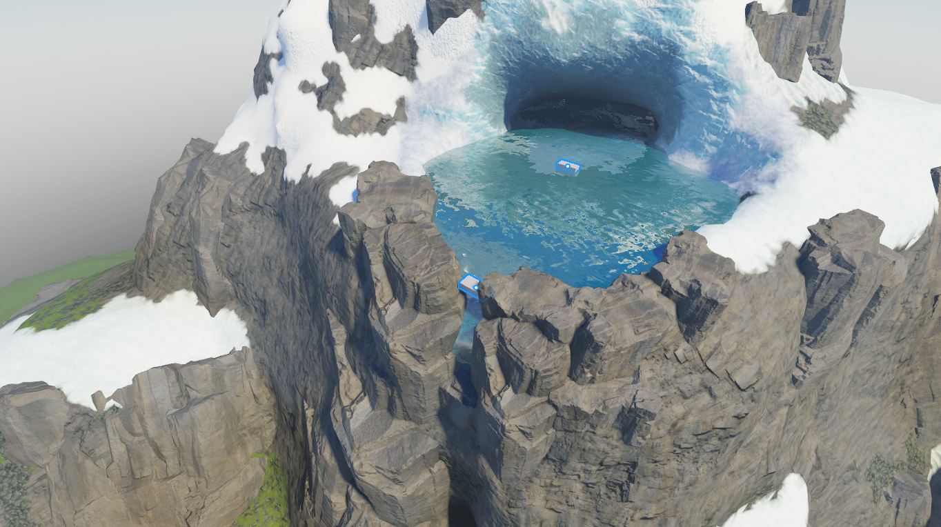 An angled top-down view of the outflow water with two block parts positioned where the outflow texture should render.