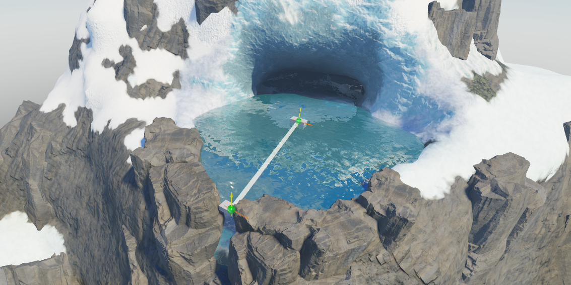 An angled top-down view of the outflow water with two block parts rendering the default beam texture between the attachments.
