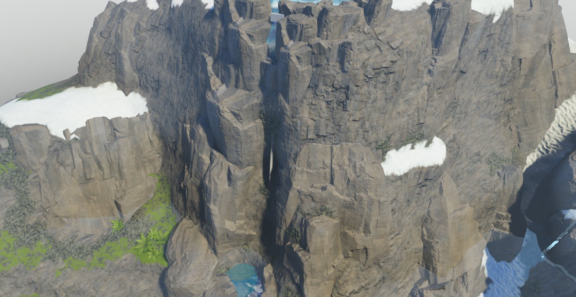 An angled side view of the cliff with two block parts rendering the default beam texture between the attachments.