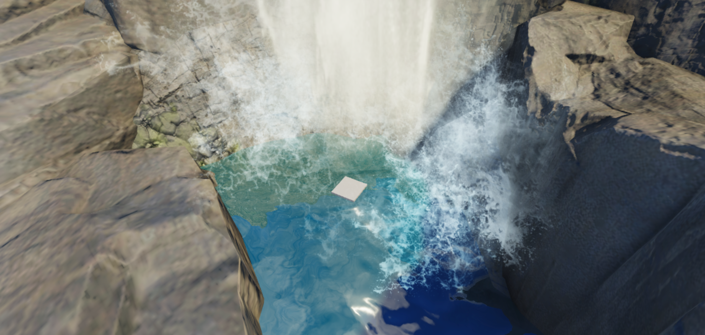 A angled side view of the bottom of the cliff with a block part positioned at the point where the cascades impact the plunge pool.