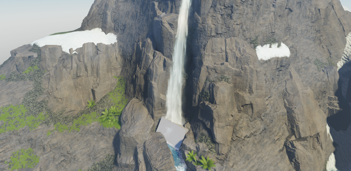 A angled side view of the bottom of the cliff with a block part positioned at the point where the cascades impact the plunge pool. The block part is slightly angled so the top face faces away from the cliff.