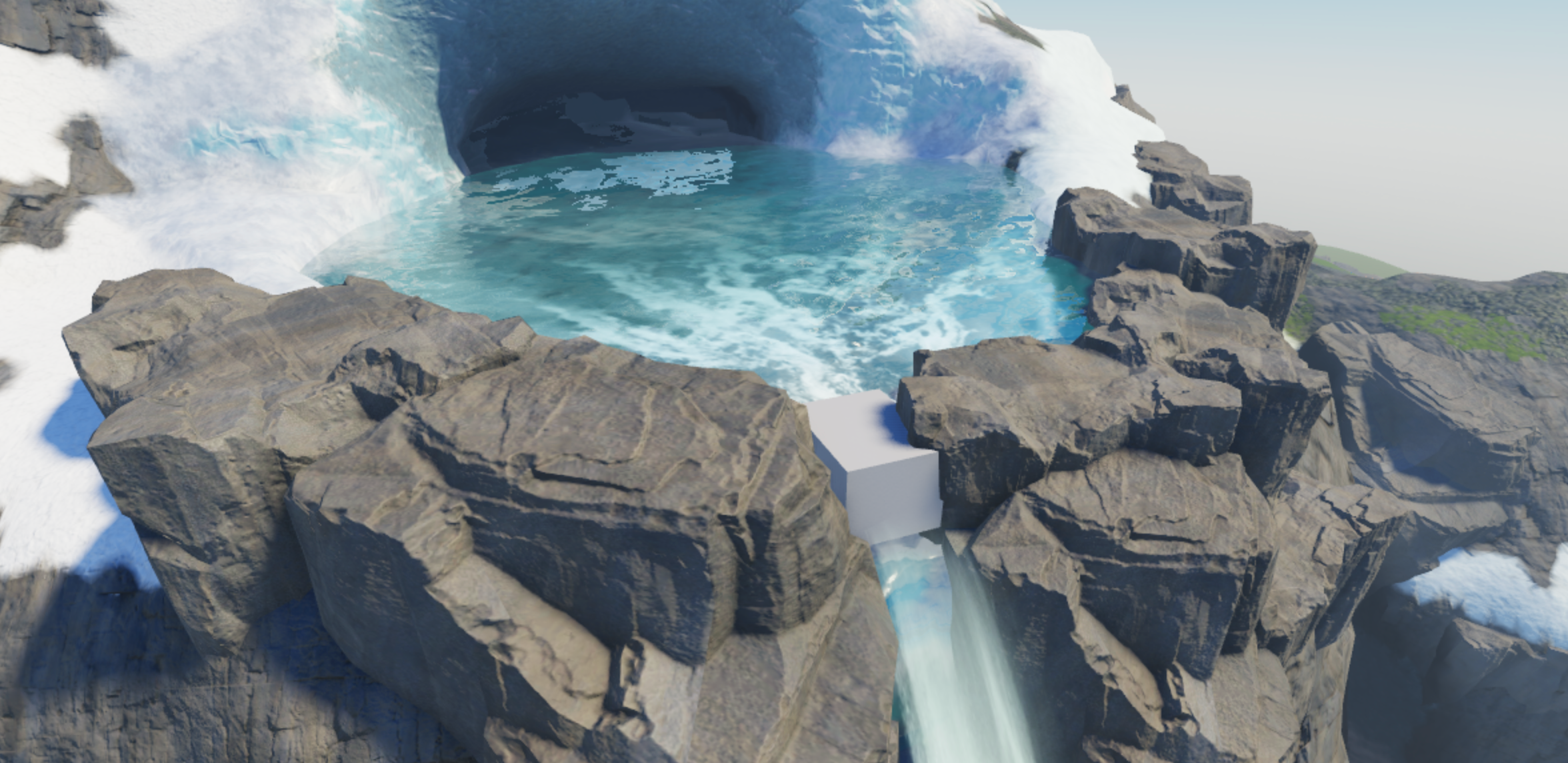 A angled side view of the top of the cliff with a block part positioned at the point where outflow begins to flow over the cliff.