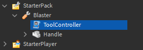 View of the Explorer where the ToolController script inside of the Blaster tool is selected