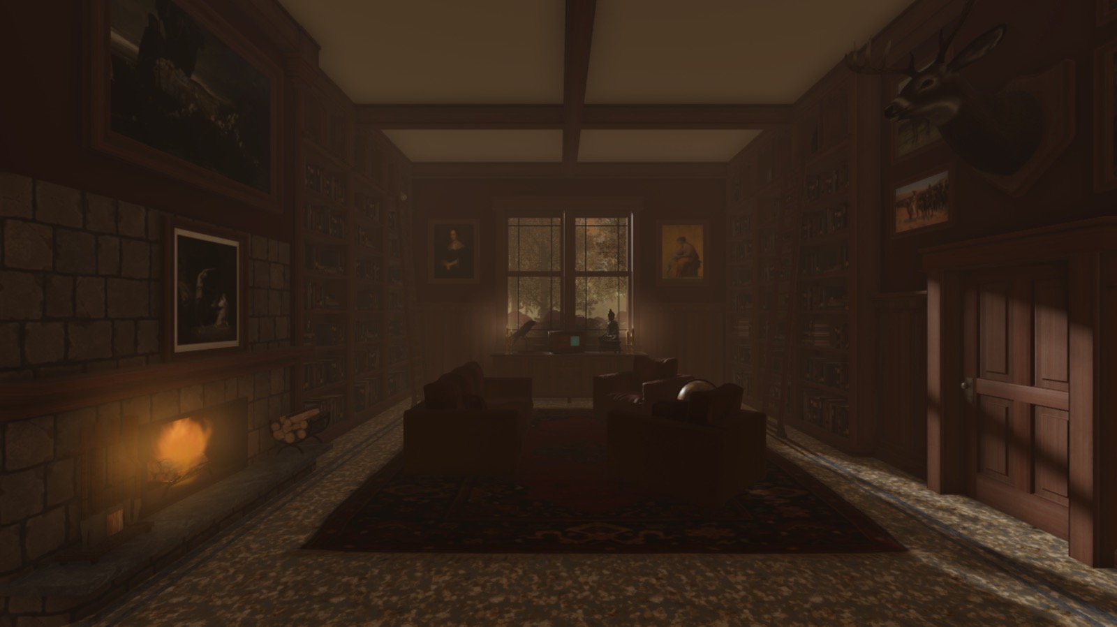 A full view of the cabin with dense air particles.