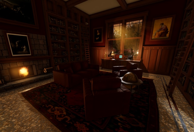 An angled side view of the cabin that's dark with clear air.