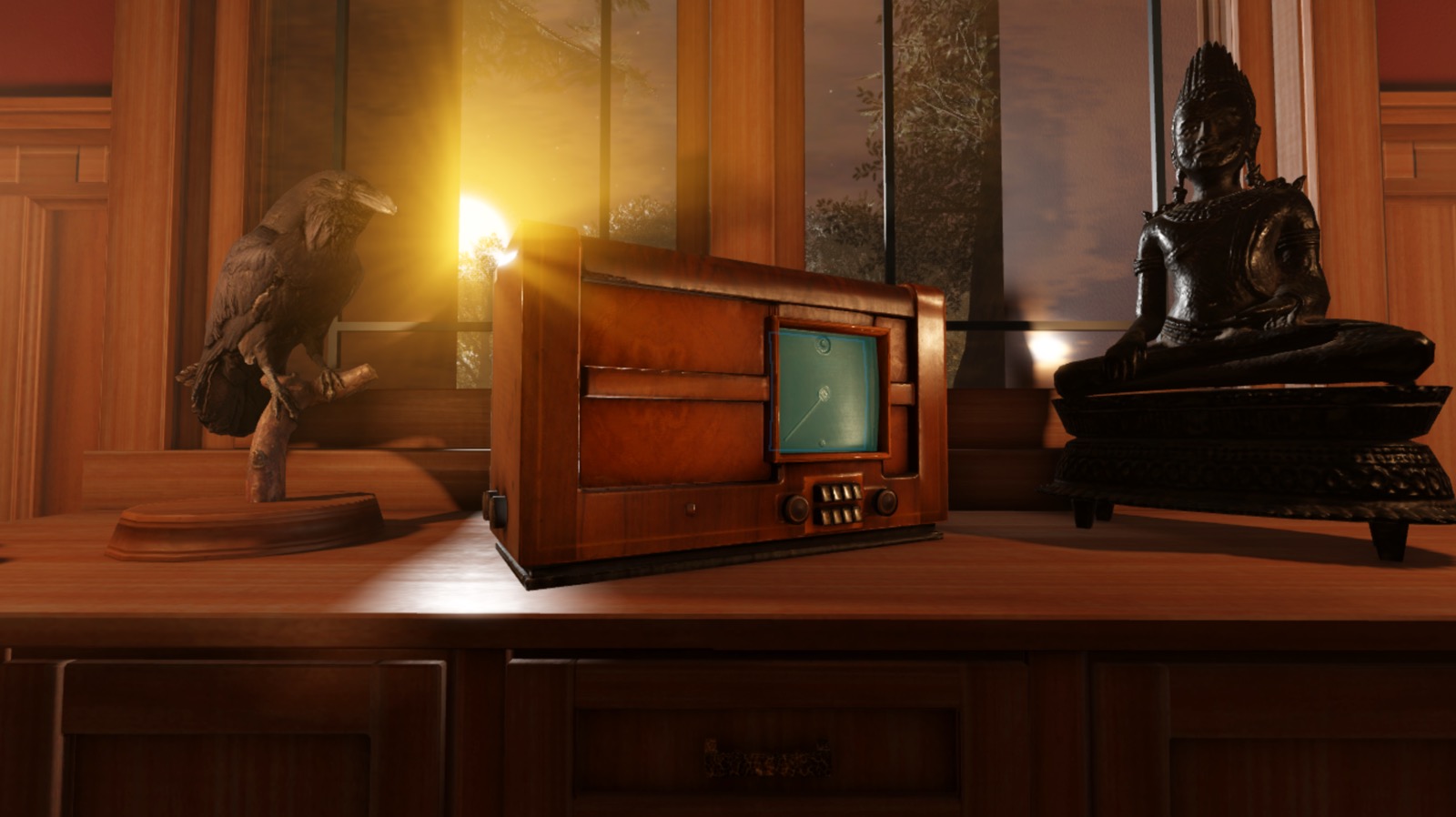 A front view of the cabin's radio and statues. The radio includes a surface light, but it doesn't appear to be illuminating anything.
