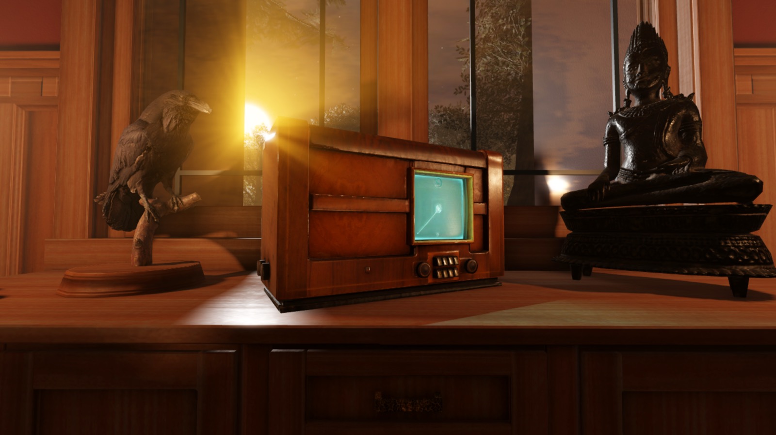 A front view of the cabin's radio and statues. The radio includes a surface light that gently illuminates the table with a teal blue light.
