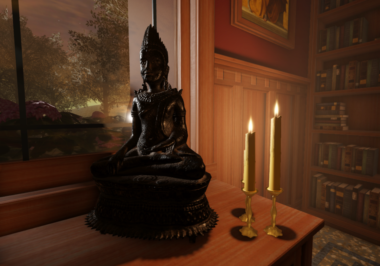 A close up view of a statue and candle grouping with shiny metal reflections.