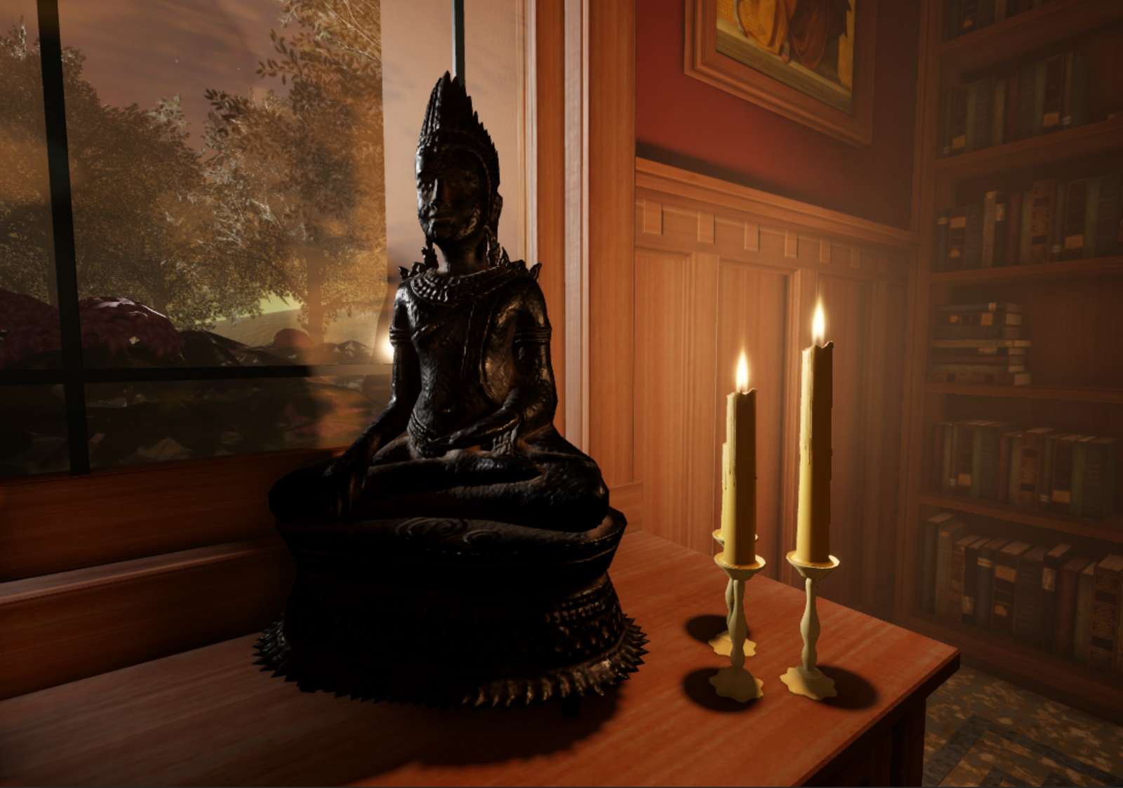 A close up view of a statue and candle grouping with dull metal reflections.