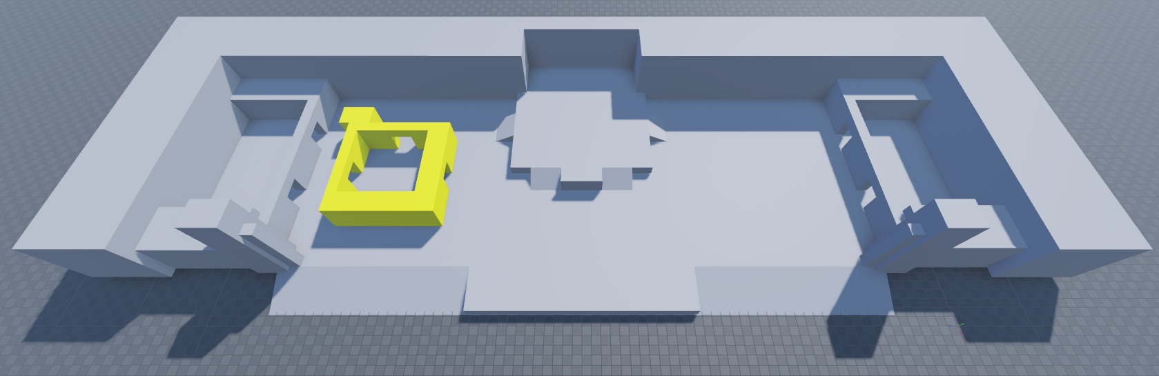 An angled top-down view of the floor, perimeter, spawn zone walls, and left combat pocket. The left combat pocket geometry is highlighted in yellow.