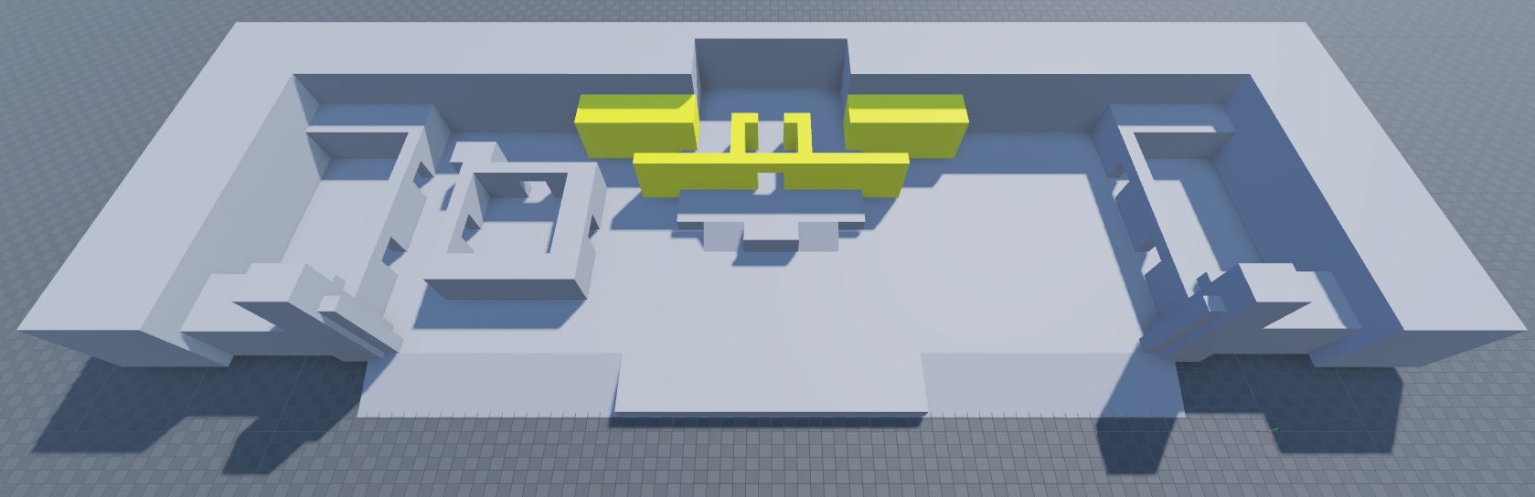An angled top-down view of the floor, perimeter, spawn zone walls, left combat pocket, and top hallway addition walls. The top hallway addition wall geometry is highlighted in yellow.