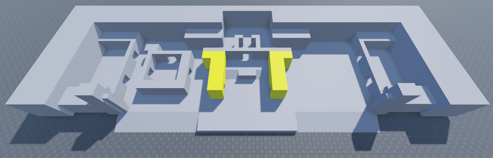 An angled top-down view of the floor, perimeter, spawn zone walls, left combat pocket, top hallway addition walls, and the middle room of the middle combat pocket. The middle room of the middle combat pocket geometry is highlighted in yellow.