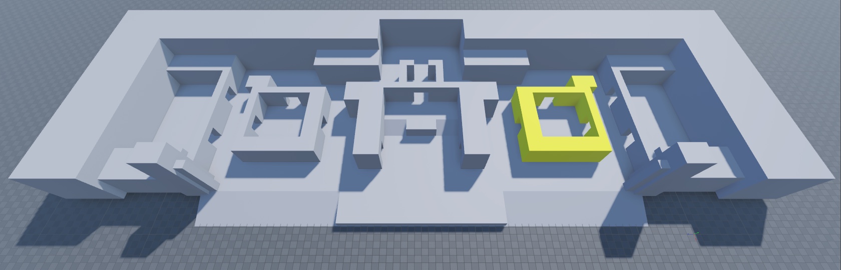 An angled top-down view of the floor, perimeter, spawn zone walls, left combat pocket, top hallway addition walls, middle combat pocket, and right combat pocket. The right combat pocket geometry is highlighted in yellow.