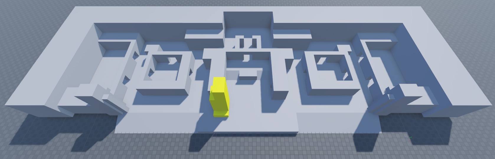 An angled top-down view of the floor, perimeter, spawn zone walls, combat pockets, and left tower geometry. The left tower geometry is highlighted in yellow.