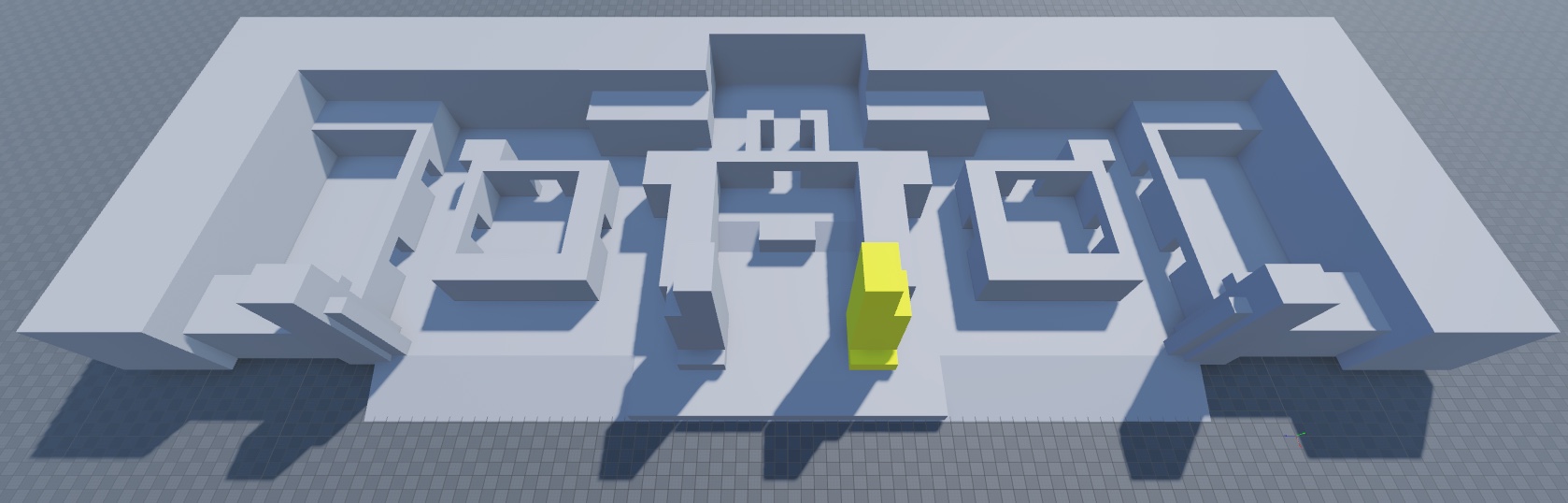 An angled top-down view of the floor, perimeter, spawn zone walls, combat pockets, left tower, and right tower geometry. The right tower geometry is highlighted in yellow.