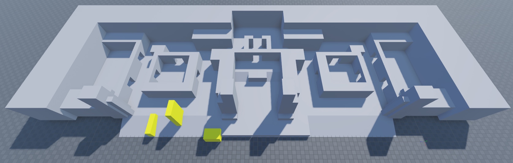 An angled top-down view of the floor, perimeter, spawn zone walls, combat pockets, left tower, right tower, and obstacle geometry to the left of the left tower. The obstacle geometry to the left of the left tower are highlighted in yellow.