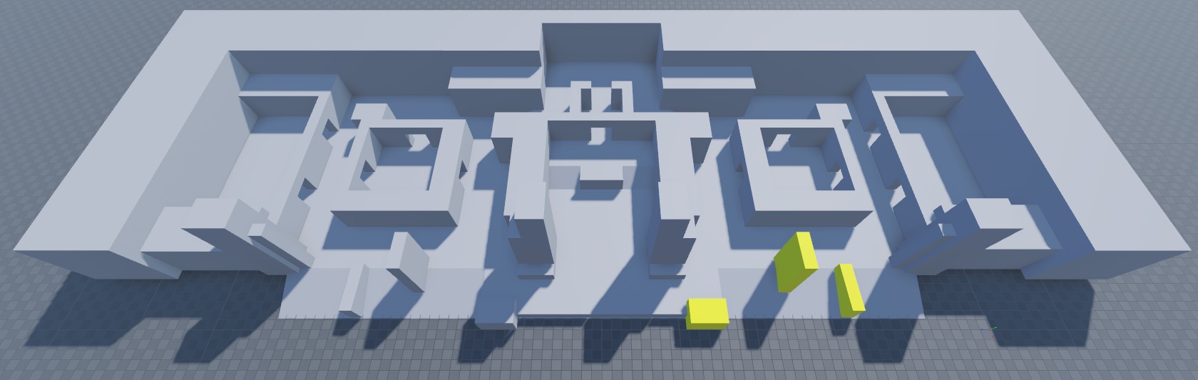 An angled top-down view of the floor, perimeter, spawn zone walls, combat pockets, left tower, right tower, and obstacle geometry to the left and right of the towers. The obstacle geometry to the right of the right tower are highlighted in yellow.
