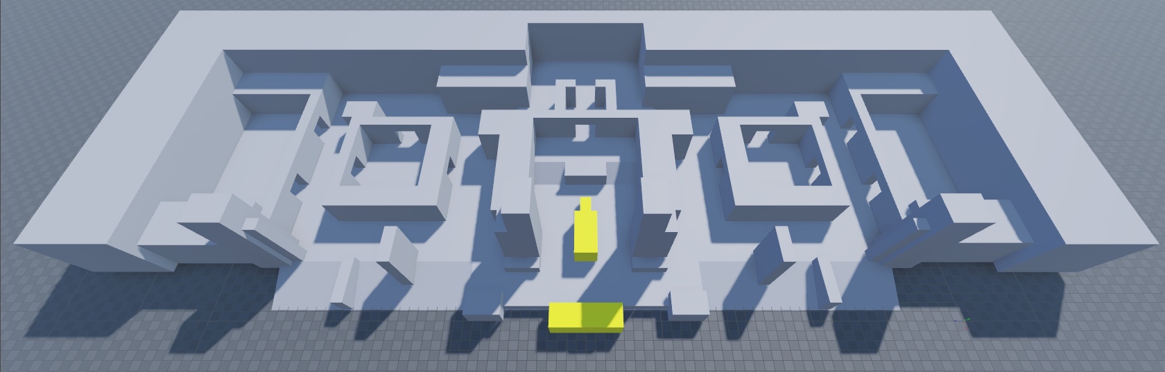 An angled top-down view of the floor, perimeter, spawn zone walls, combat pockets, left tower, right tower, and obstacle geometry. The obstacle geometry between the towers are highlighted in yellow.