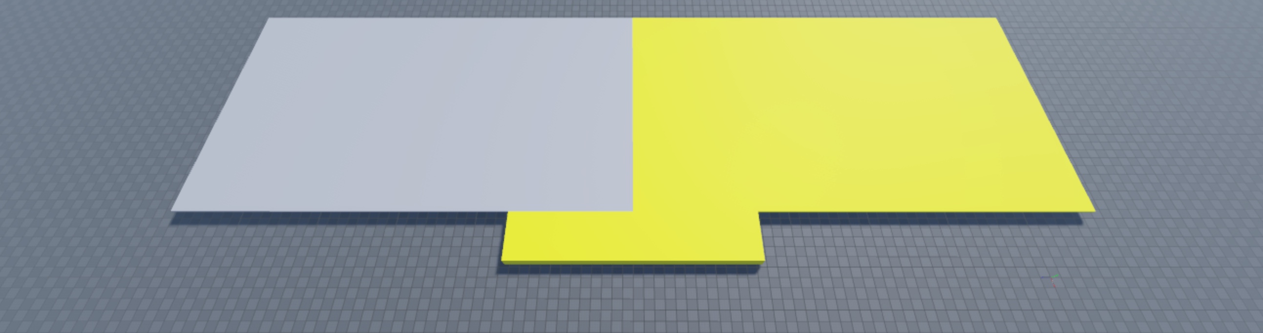 An angled top-down view of the main floor geometry. The right-side and middle portion of the main floor greybox geometry is highlighted in yellow.