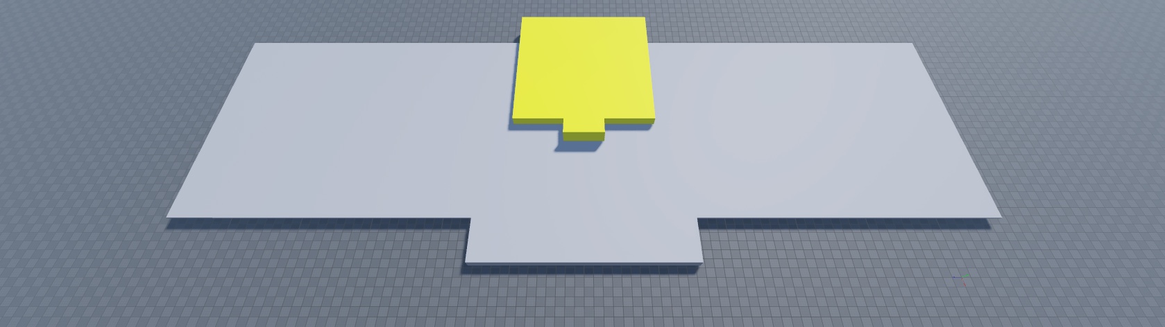 An angled top-down view of both the main and mezzanine floors. The mezzanine floor greybox geometry is highlighted in yellow.