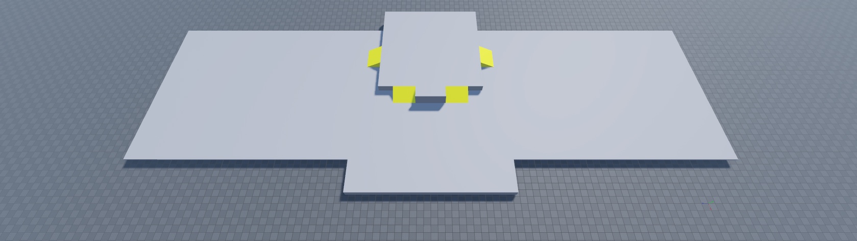 An angled top-down view of both the main, mezzanine floor, and rise in elevation parts. The rise in elevation greybox geometry is highlighted in yellow.