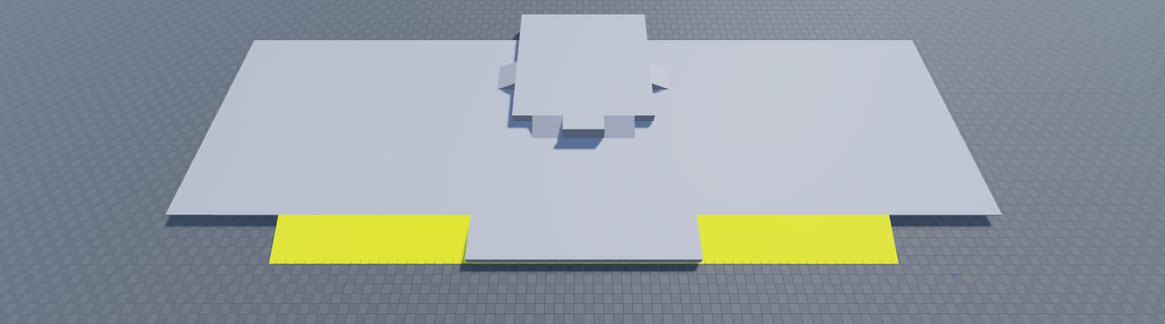 An angled top-down view of both the main, mezzanine floor, and rise and drop in elevation parts. The drop in elevation greybox geometry is highlighted in yellow.
