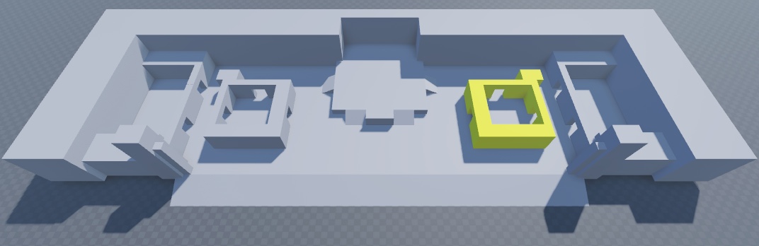 An angled top-down view of the floor, perimeter, spawn zone walls, left combat pocket, and right combat pocket. The right combat pocket geometry is highlighted in yellow.