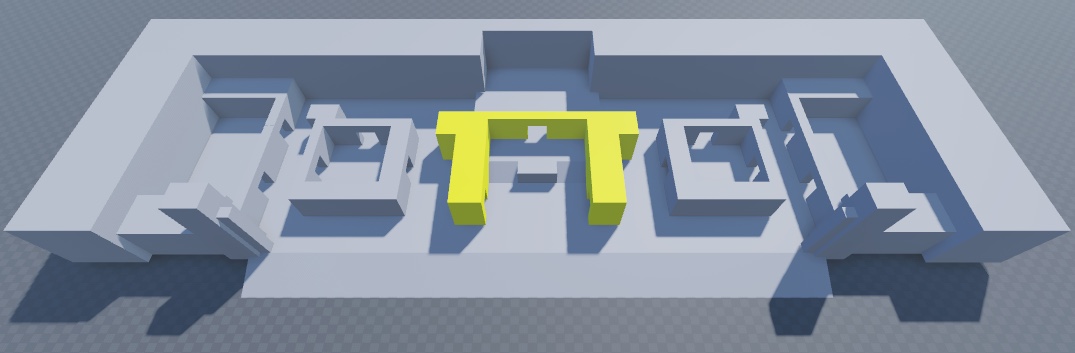 An angled top-down view of the floor, perimeter, spawn zone walls, left combat pocket, middle combat pocket, and right combat pocket. The middle combat pocket geometry is highlighted in yellow.