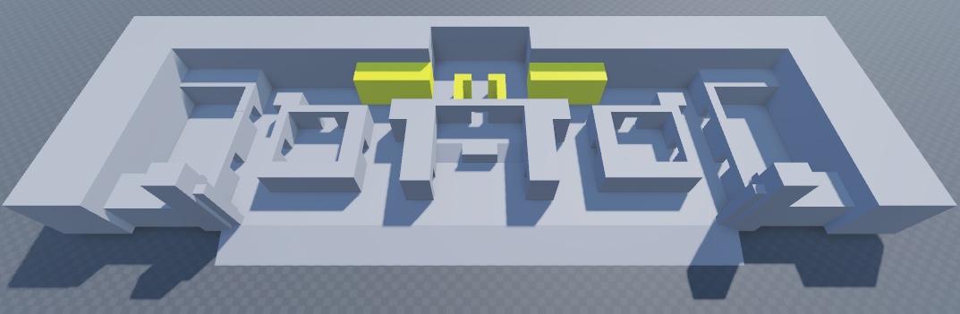 An angled top-down view of the floor, perimeter, spawn zone walls, left combat pocket, middle combat pocket, right combat pocket, and hallway addition walls. The hallway addition geometry is highlighted in yellow.
