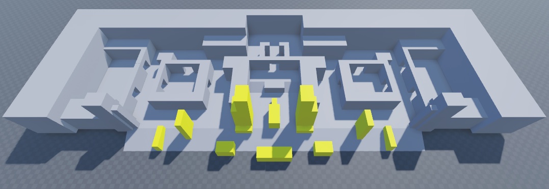 An angled top-down view of the floor, perimeter, spawn zone walls, combat pockets, and exterior geometry. The exterior geometry is highlighted in yellow.