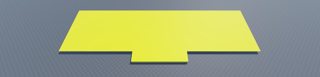 An angled top-down view of the main floor greybox geometry highlighted in yellow.