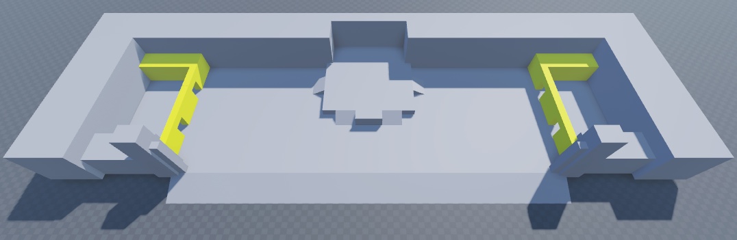 An angled top-down view of the floor, perimeter, and spawn zone walls. The spawn zone wall geometry is highlighted in yellow.