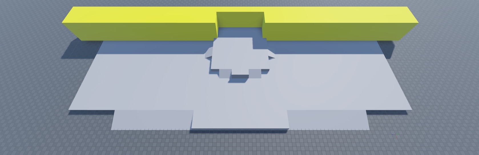 An angled top-down view of the floor and top perimeter walls. The top perimeter wall geometry is highlighted in yellow.