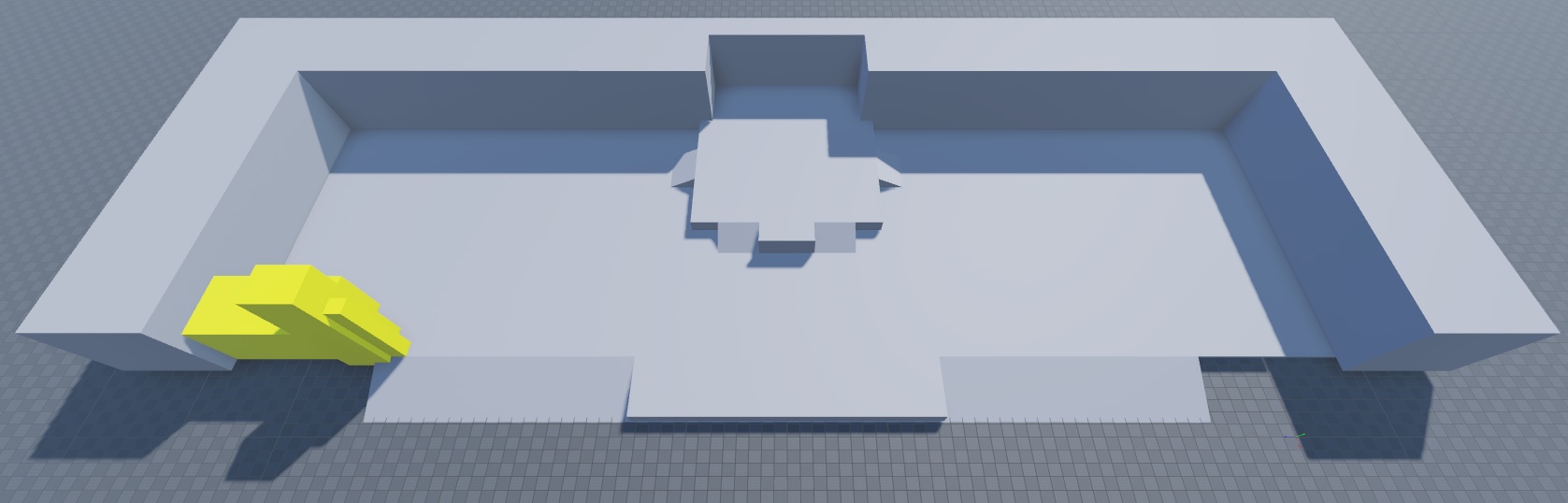 An angled top-down view of the floor, top perimeter walls, side perimeter walls, and bottom-left perimeter walls. The bottom-left perimeter wall geometry is highlighted in yellow.