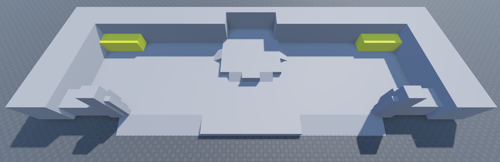 An angled top-down view of the floor, perimeter, and top spawn zone walls. The top spawn zone wall geometry is highlighted in yellow.