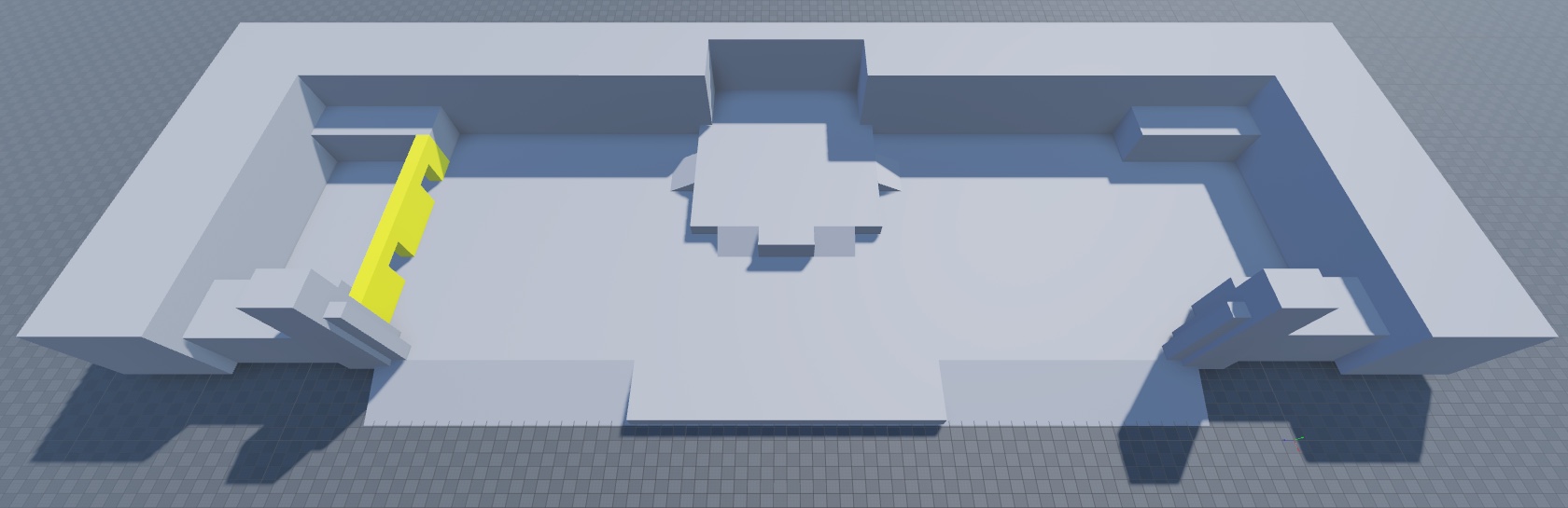 An angled top-down view of the floor, perimeter, top spawn zone walls, and left spawn zone walls. The left spawn zone wall geometry is highlighted in yellow.