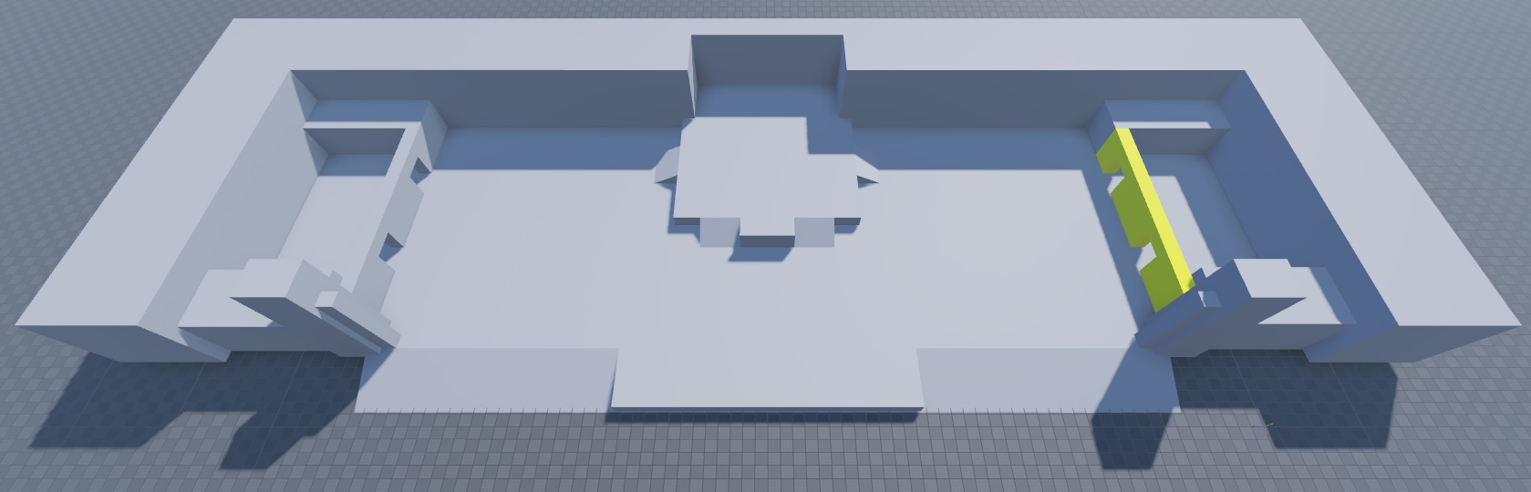 An angled top-down view of the floor, perimeter, all spawn zone walls. The right spawn zone wall geometry is highlighted in yellow.