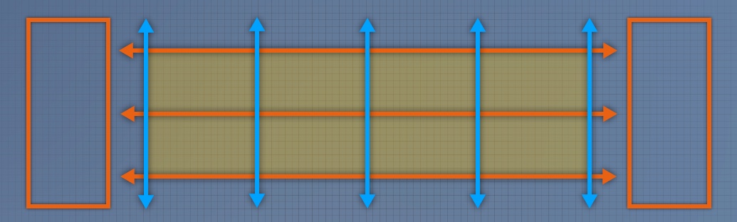 A top-down view of the baseplate with three primary lanes between each team's spawn zone on opposite sides of the map, as well as five cross lanes that intersect with the primary lanes. The intersections between the primary and cross lanes are highlighted.