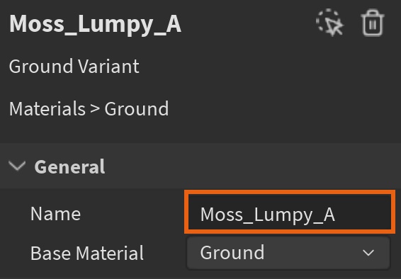 The Inspector view with the name of the material highlighted.