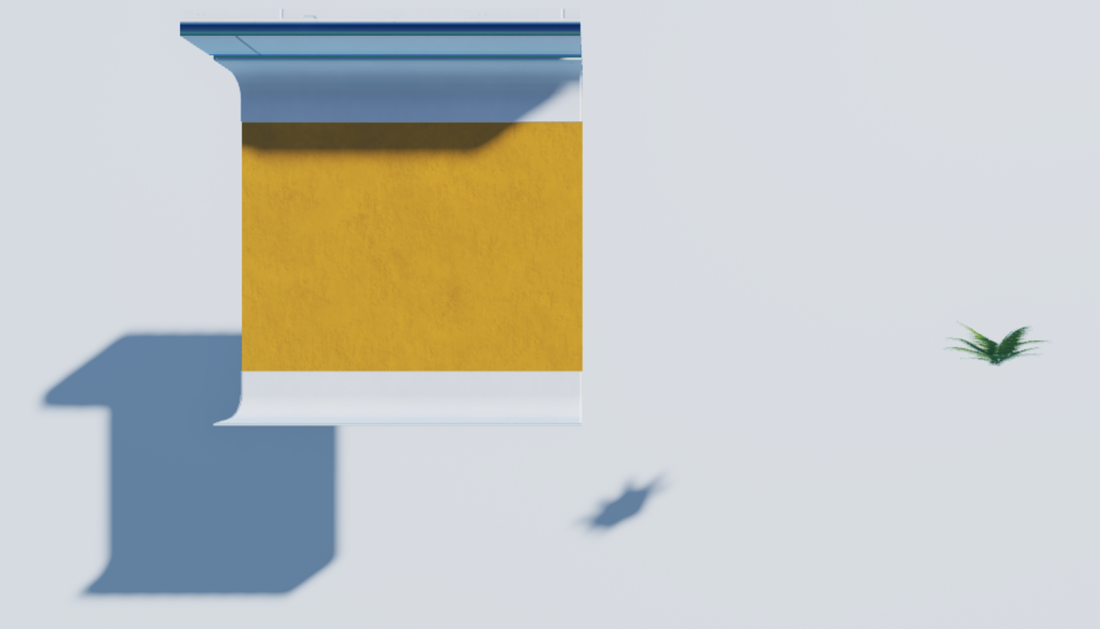 A wall section with few polygons, and a plant with many polygons casting shadows on a white wall.