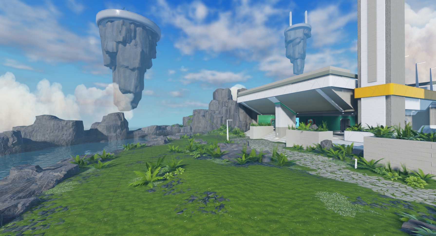 An outdoor view of the sample laser tag game that doesn't cast shadows. There is almost no difference in this view, but it improves performance.