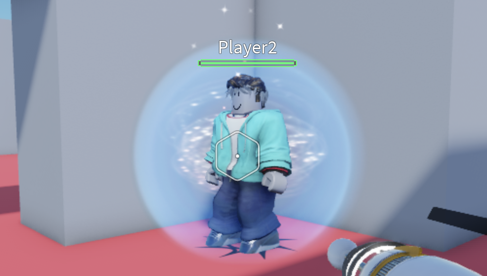 Third-person force field visuals include a blue sparkling orb around the player spawning into the game.