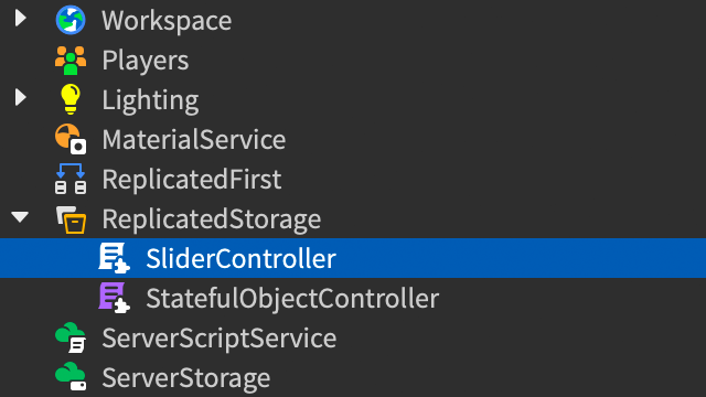Explorer window showing the SliderController module inside the ReplicatedStorage container.