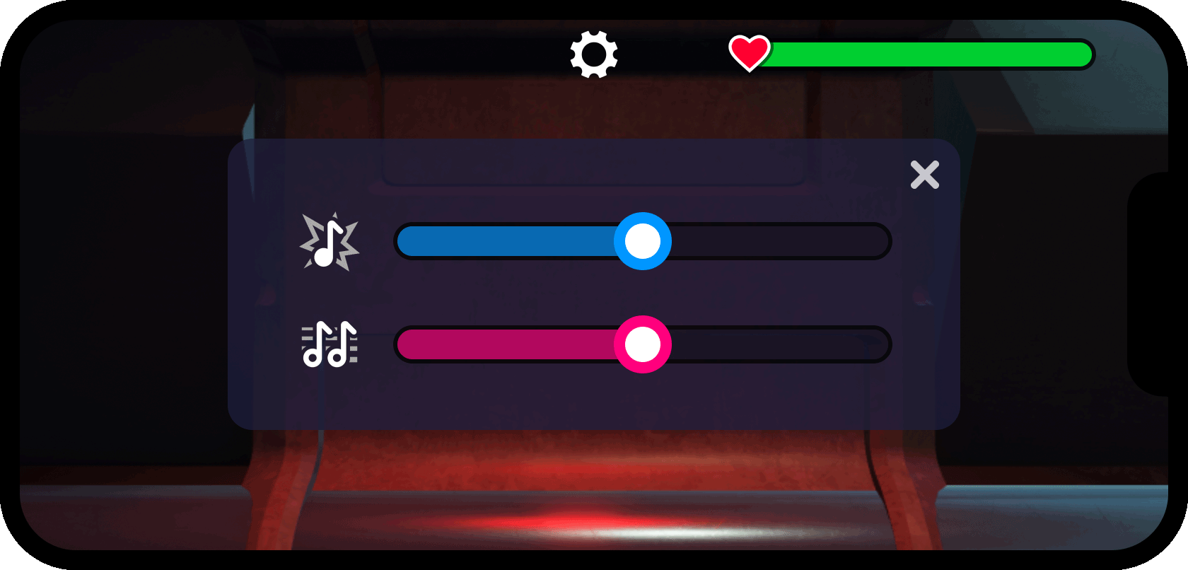 Finalized close button in upper-right corner of settings menu.