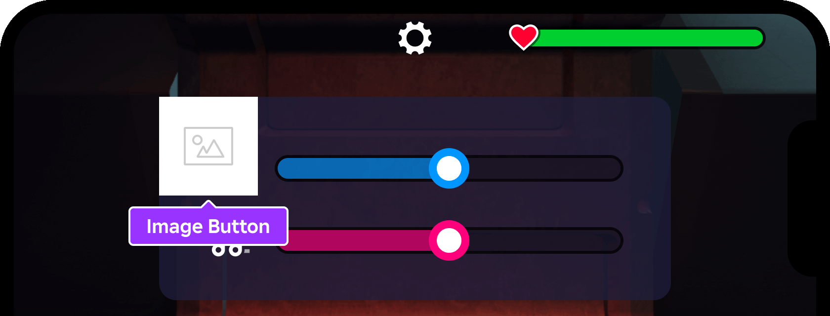 Empty ImageButton positioned in upper-left corner of the settings menu.