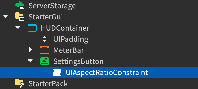 Explorer window showing a new UIAspectRatioConstraint inserted into the SettingsButton button.