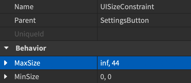Properties window showing expected values for the new UISizeConstraint.