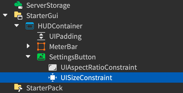Explorer window showing a new UISizeConstraint inserted into the SettingsButton button.