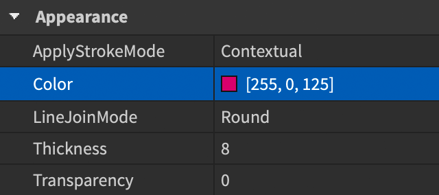 Properties window showing expected values for the UIStroke modifier.